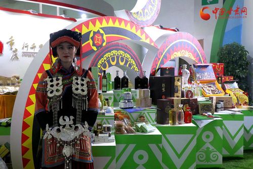 美丽的姑娘身着彝族服饰,向参展嘉宾推介来自四川凉山的农副产品.